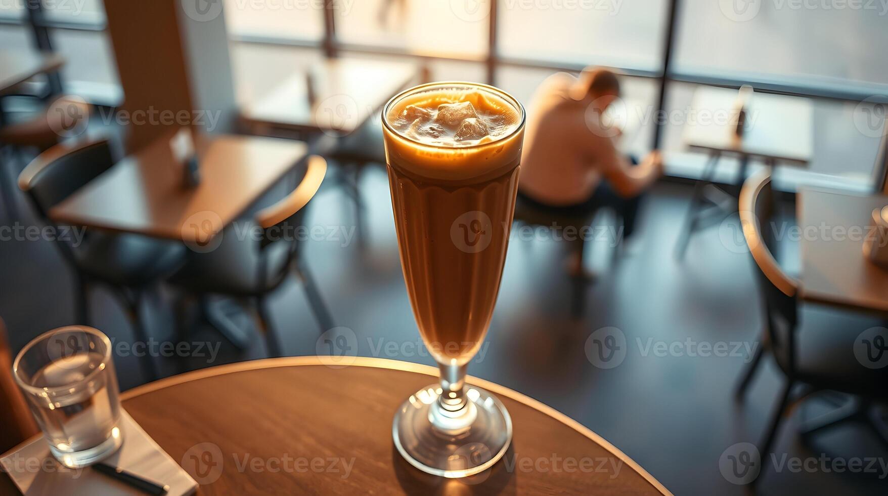 A glass of coffee sitting on a table in front of a window photo