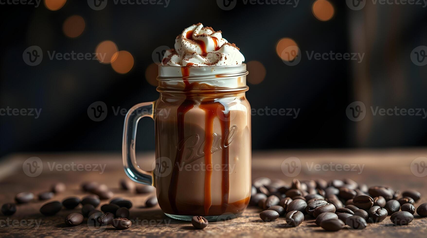 Coffee and caramel latte in a glass jar on a wooden table with coffee beans photo