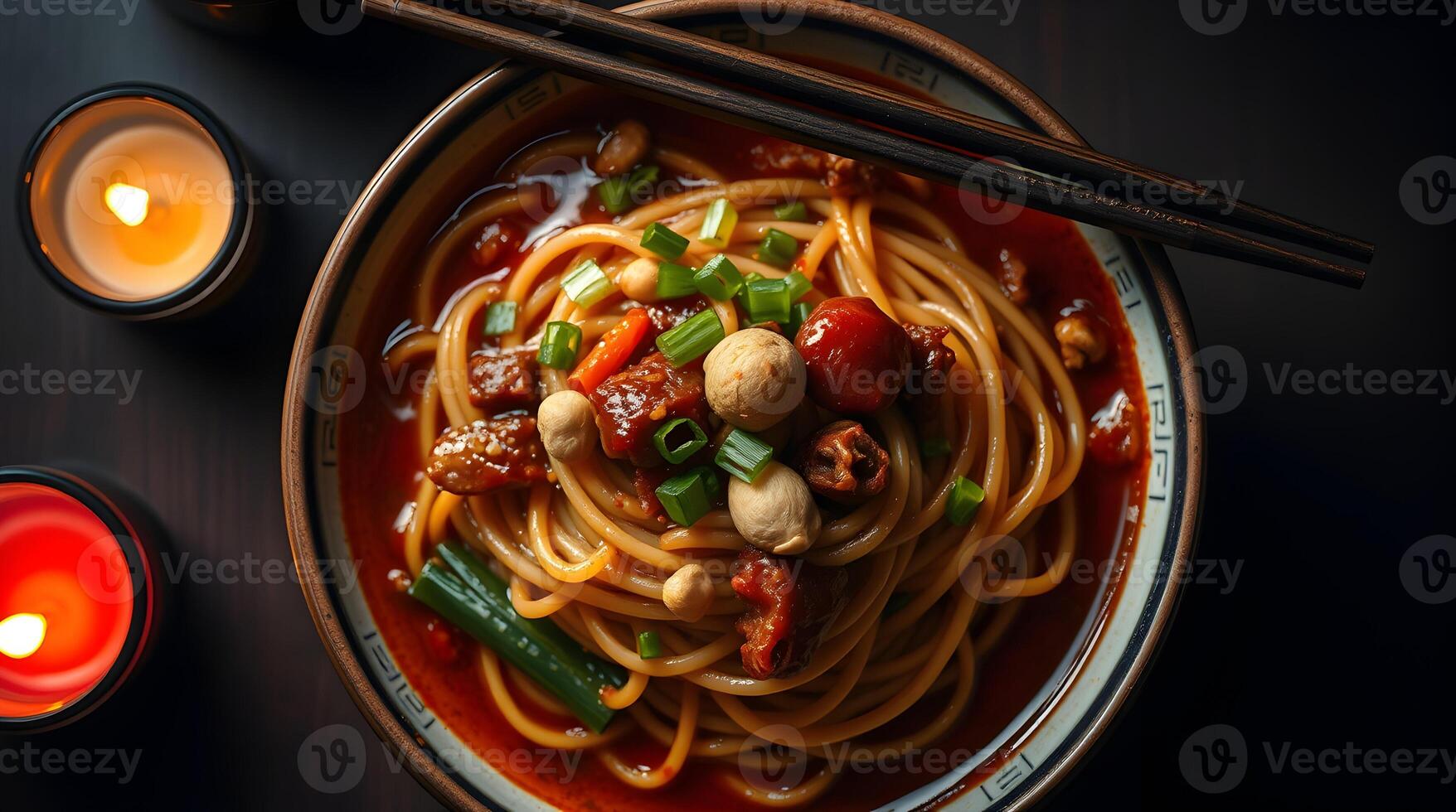 Chinese food with noodles and vegetables on a dark background photo