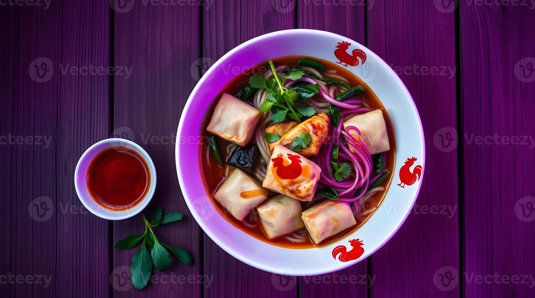 A bowl of soup with noodles and meat on a purple background photo