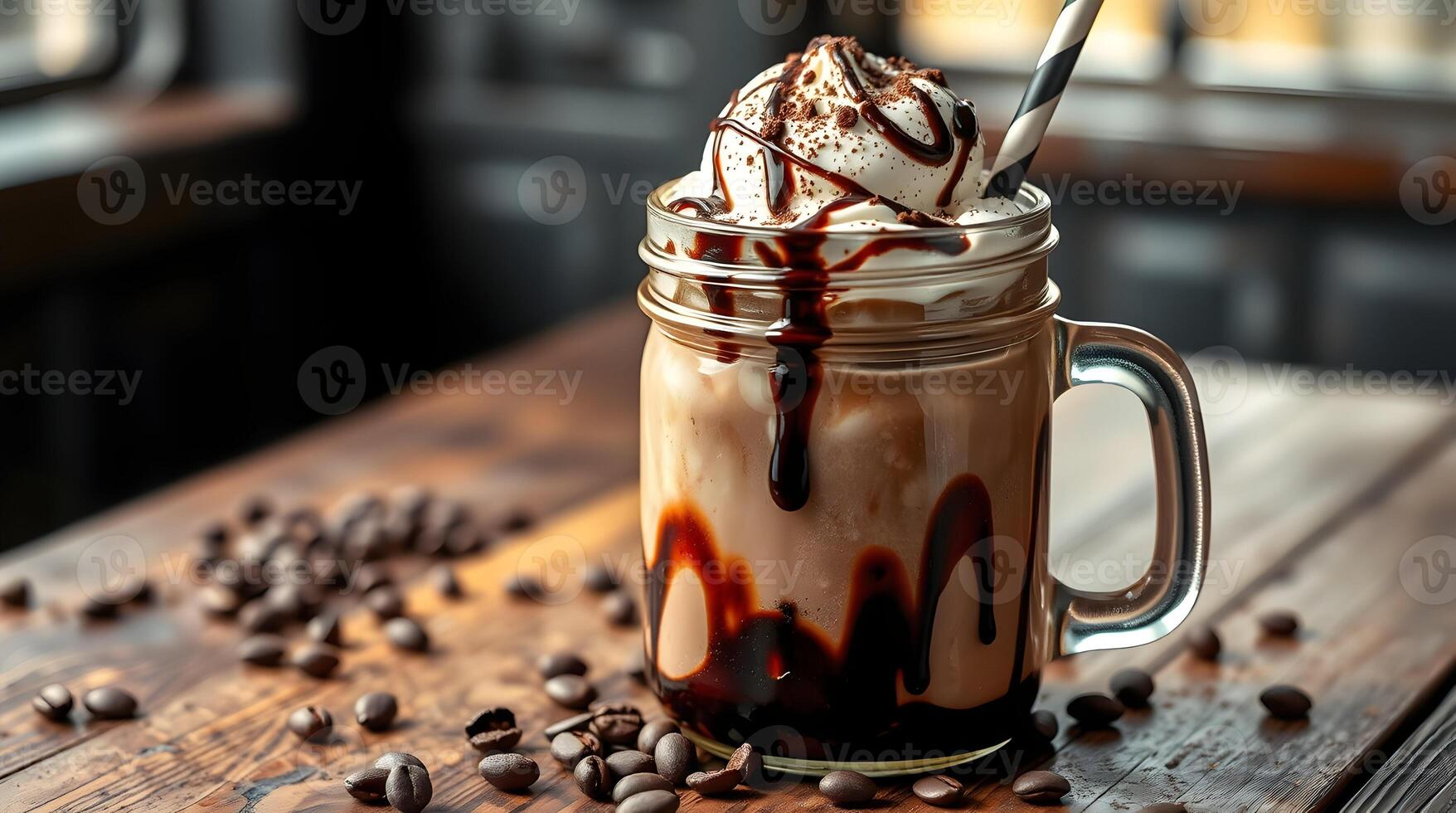 A mason jar filled with ice cream and whipped cream photo