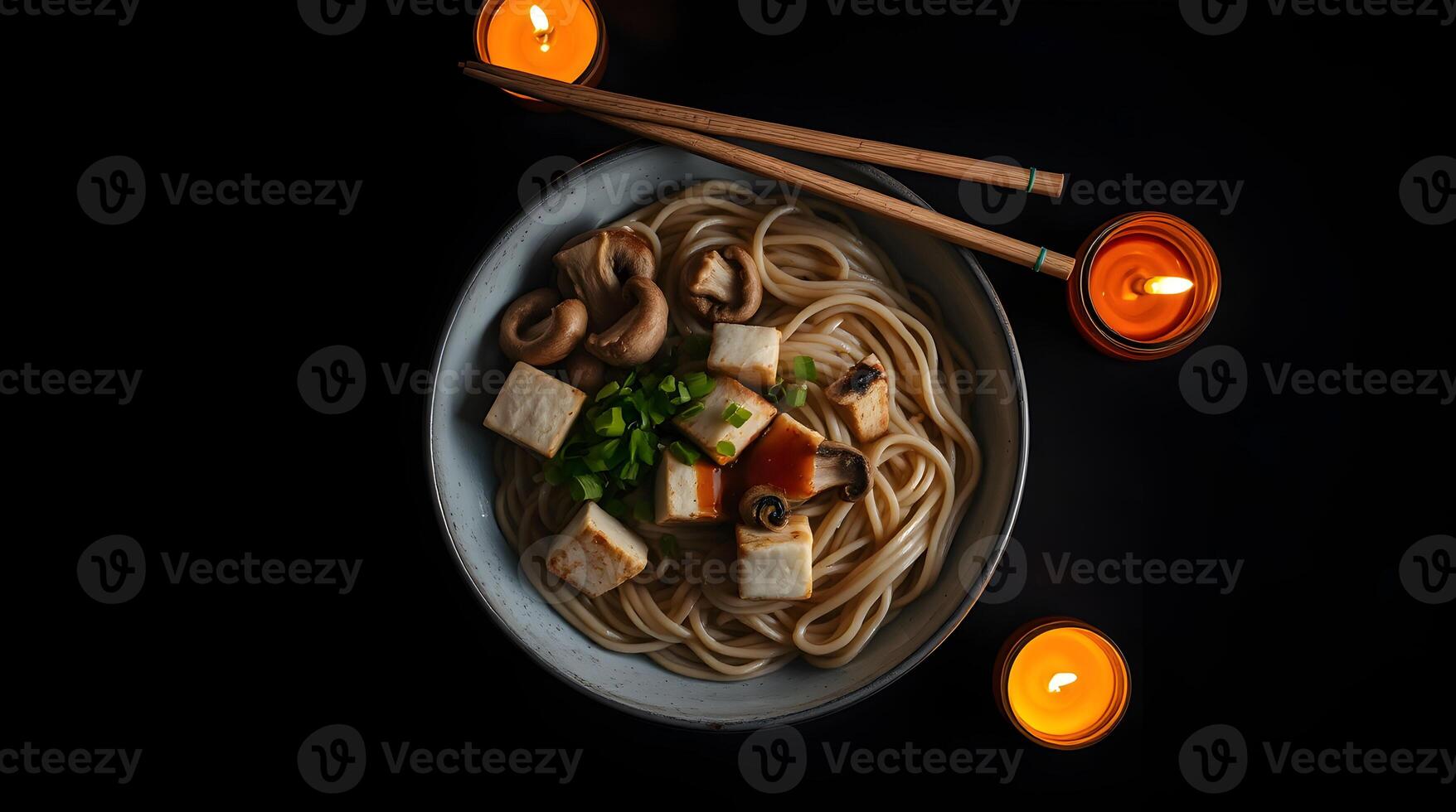 A bowl of noodles with tofu and mushrooms on a black background photo