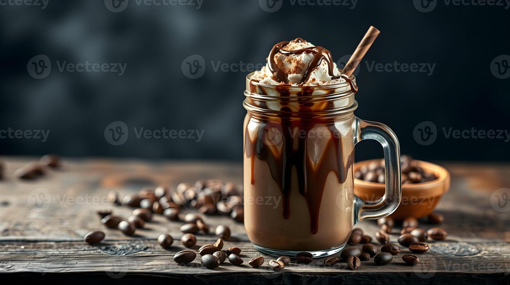Coffee and chocolate milkshake in a glass jar on a wooden table photo