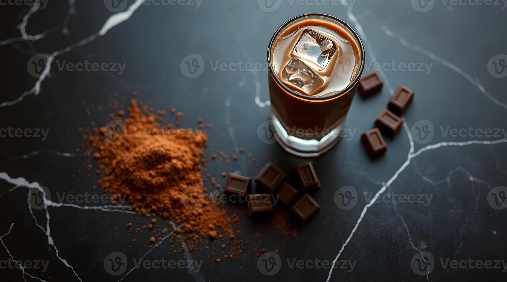 A glass of chocolate ice cream with ice cubes photo