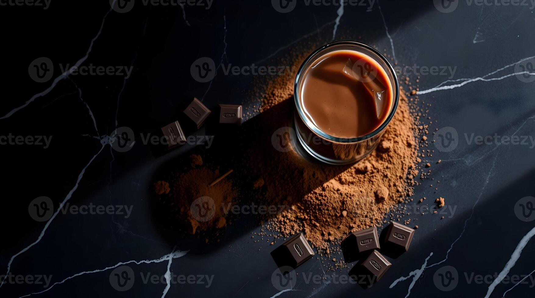 A glass of coffee and chocolate on a marble table photo