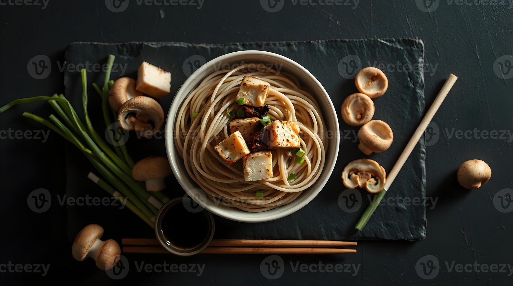 Soba noodles with tofu and mushrooms on a black slate background photo