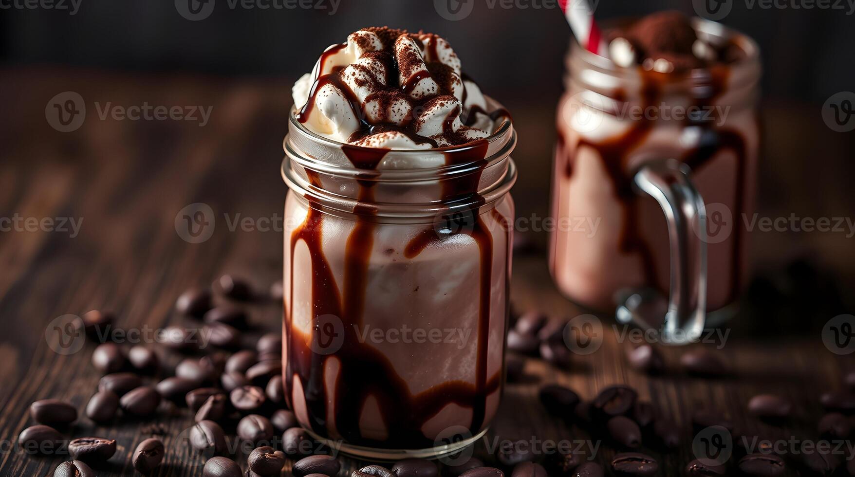 Two mason jars filled with chocolate and whipped cream photo