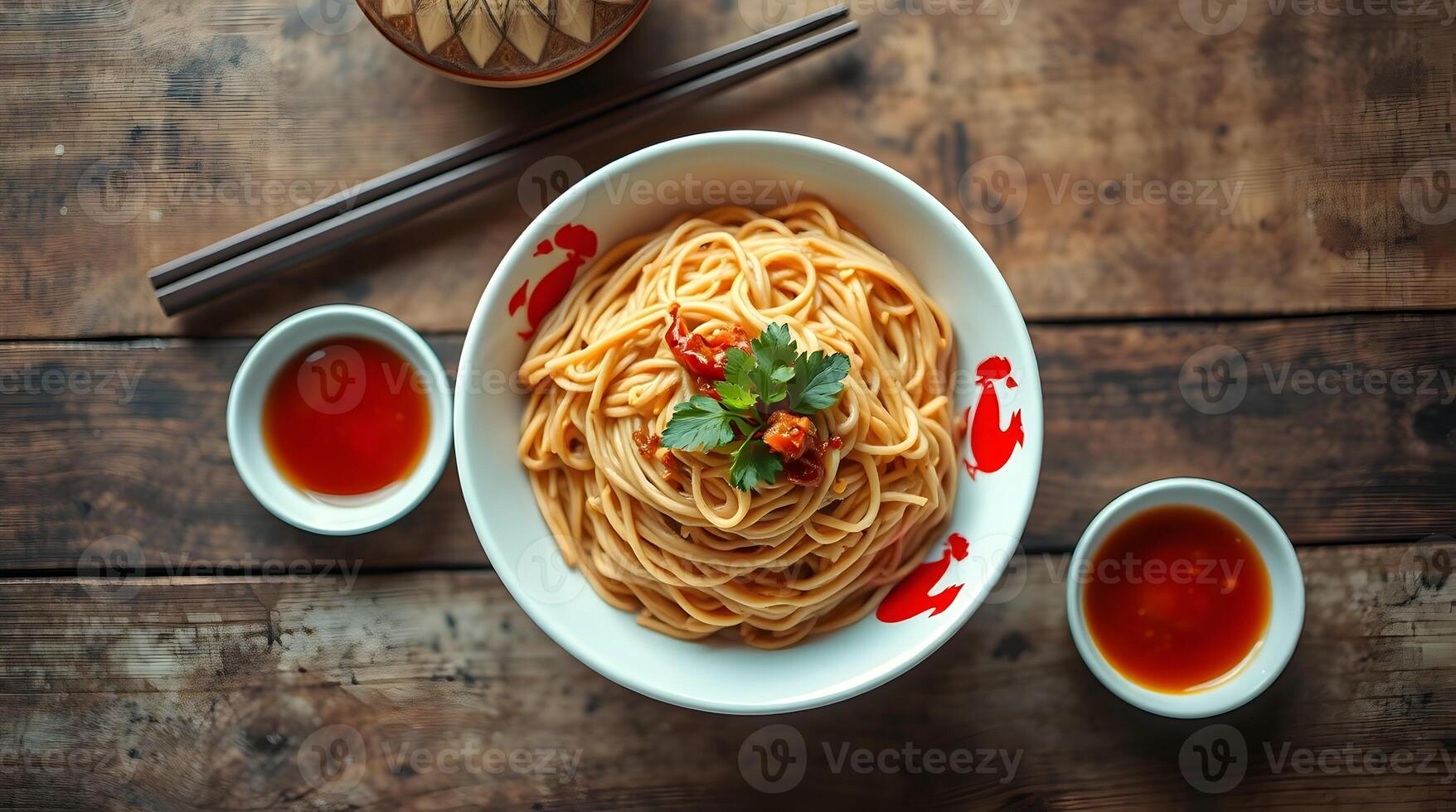 Chinese noodles with sauce and chopsticks on wooden table photo