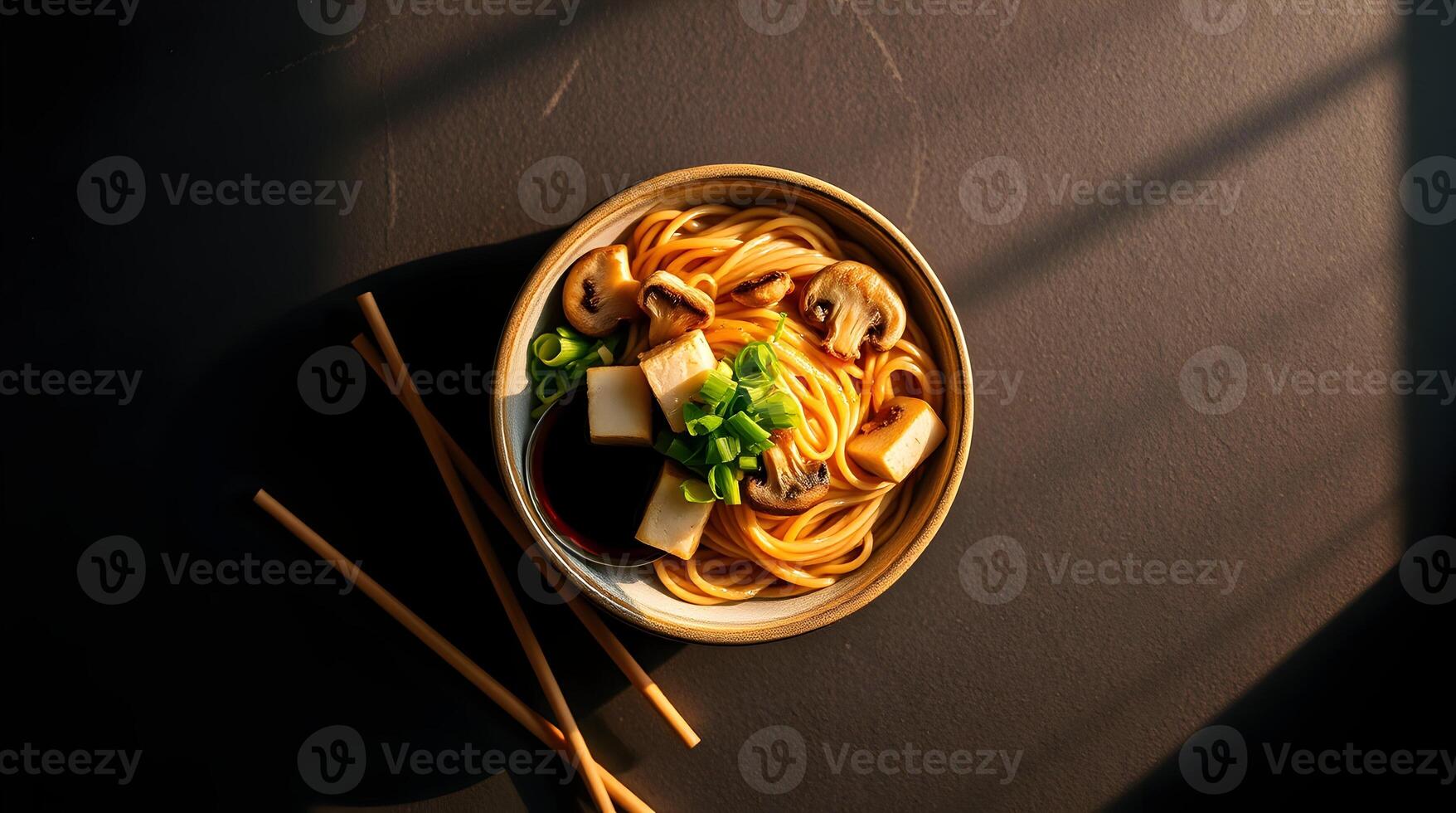 A bowl of noodles with mushrooms and vegetables on a black background photo