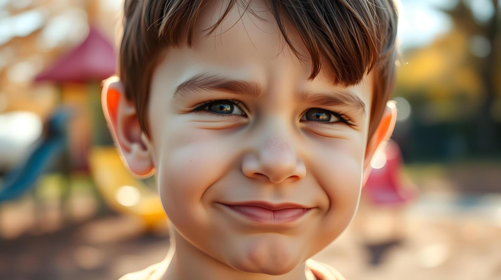 A young boy is smiling in front of a playground photo