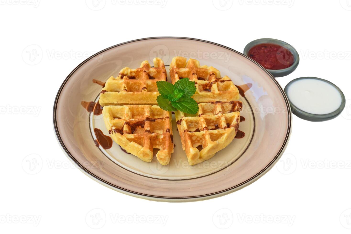 Belgium waffles with cinnamon on a plate with tropical topping and yogurt sauce photo