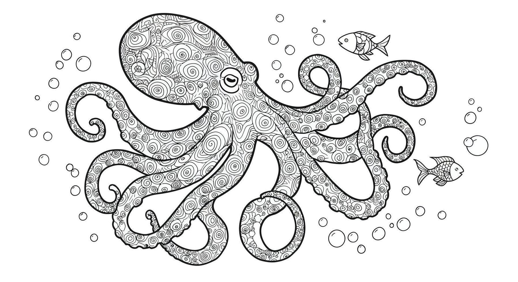 An octopus coloring page with bubbles and fish vector