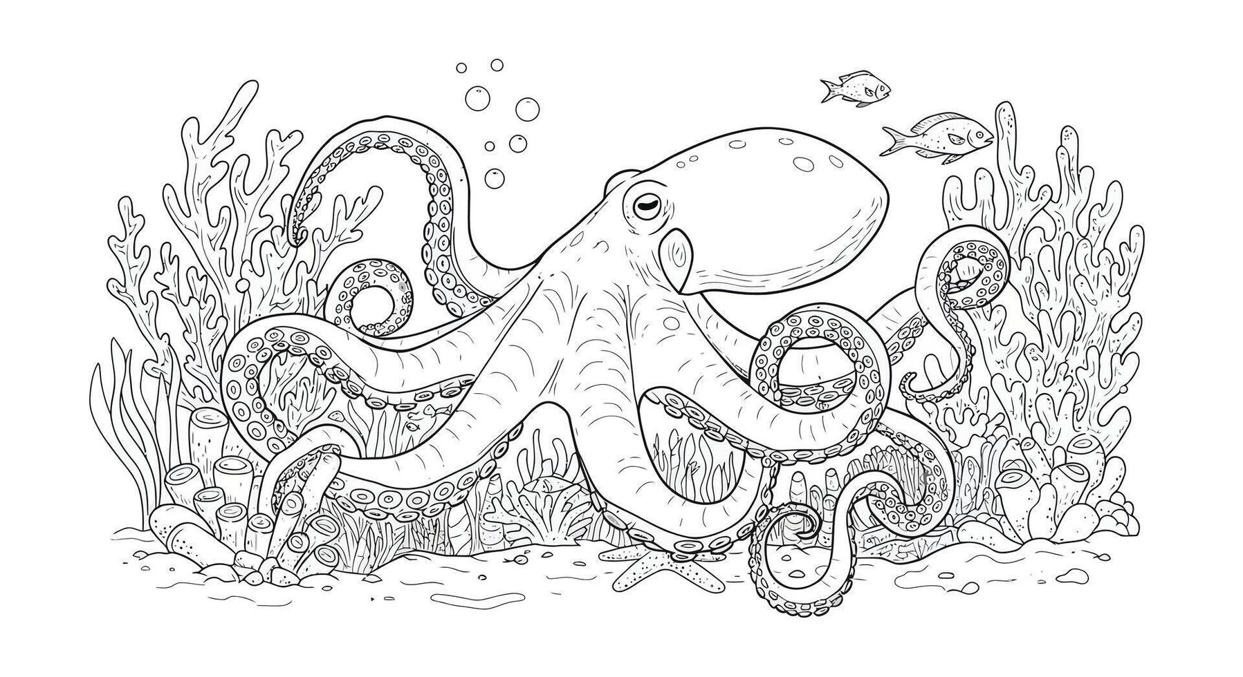 An octopus is swimming in the ocean coloring page vector