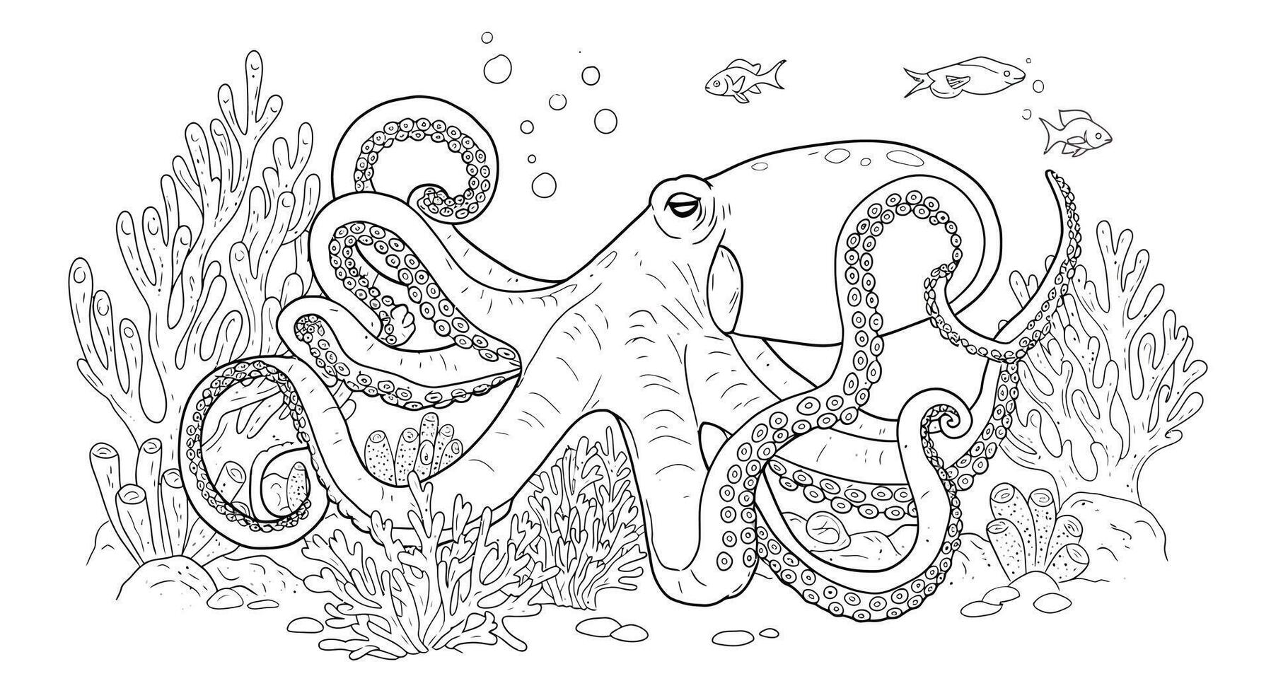 An octopus coloring page with an underwater scene vector