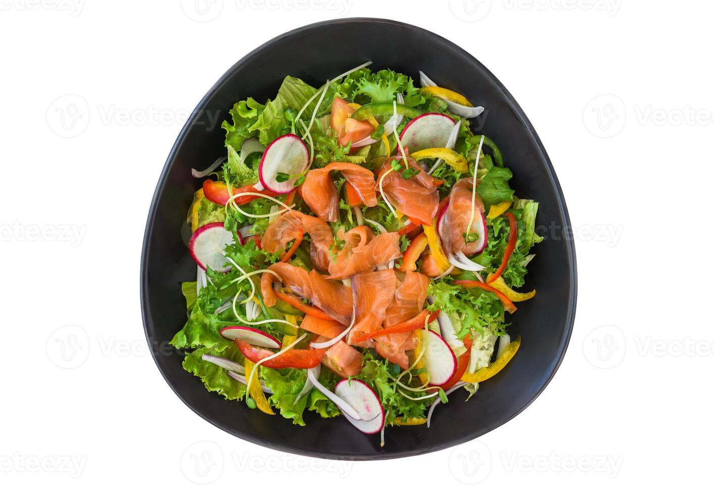 Salmon salad with radish, arugula, and tomatoes isolated on white background photo