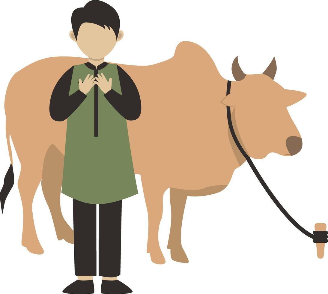 Illustration of Muslim Man with Sacrifice Animal. Isolated on White Background. vector