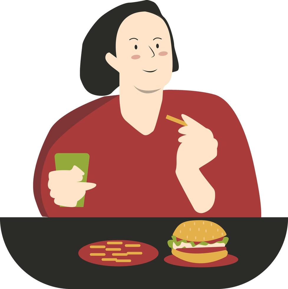 Illustration of Woman Eat Hamburger in Flat Design vector