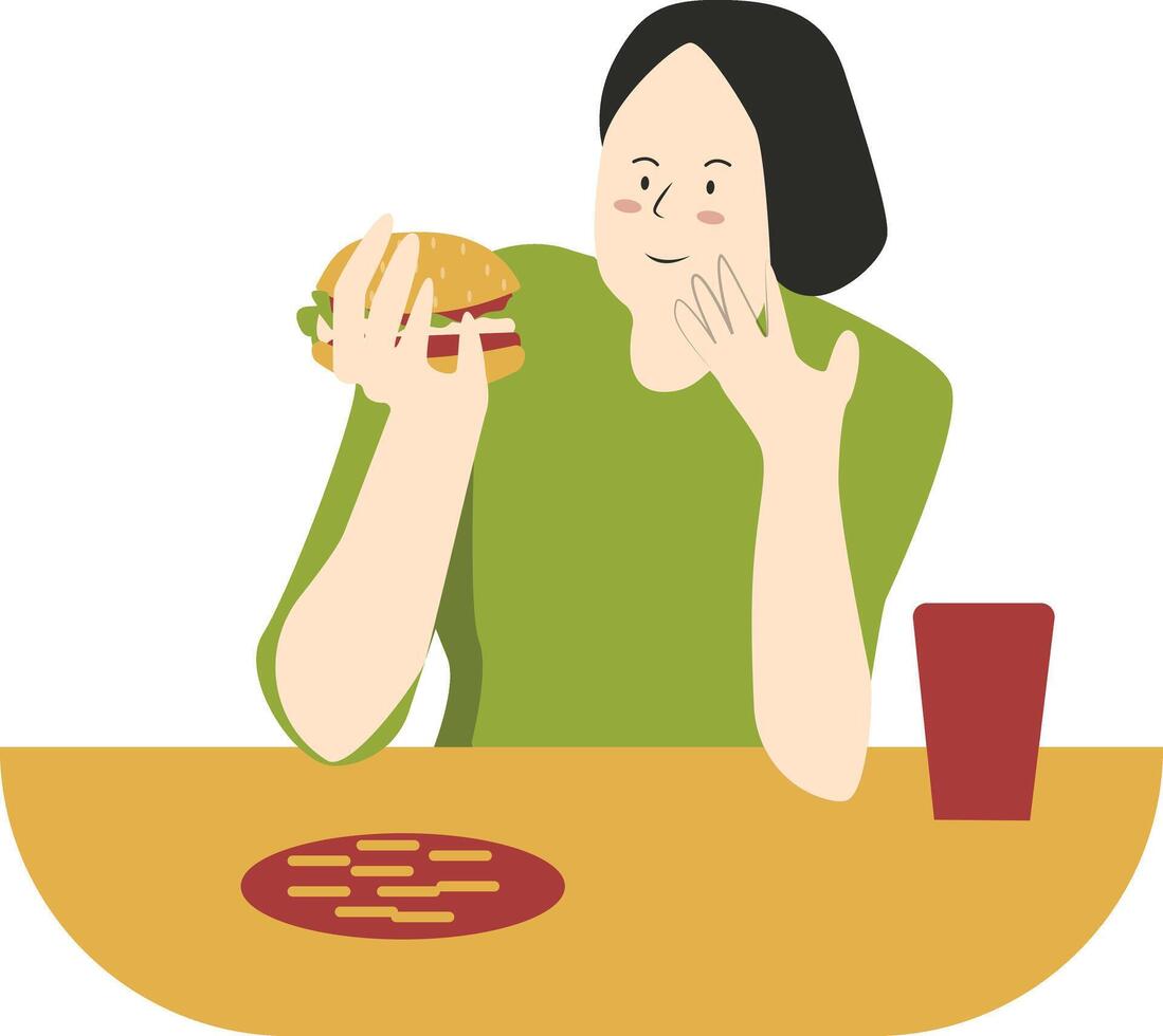 Illustration of Woman Eat Hamburger with Flat Design. vector