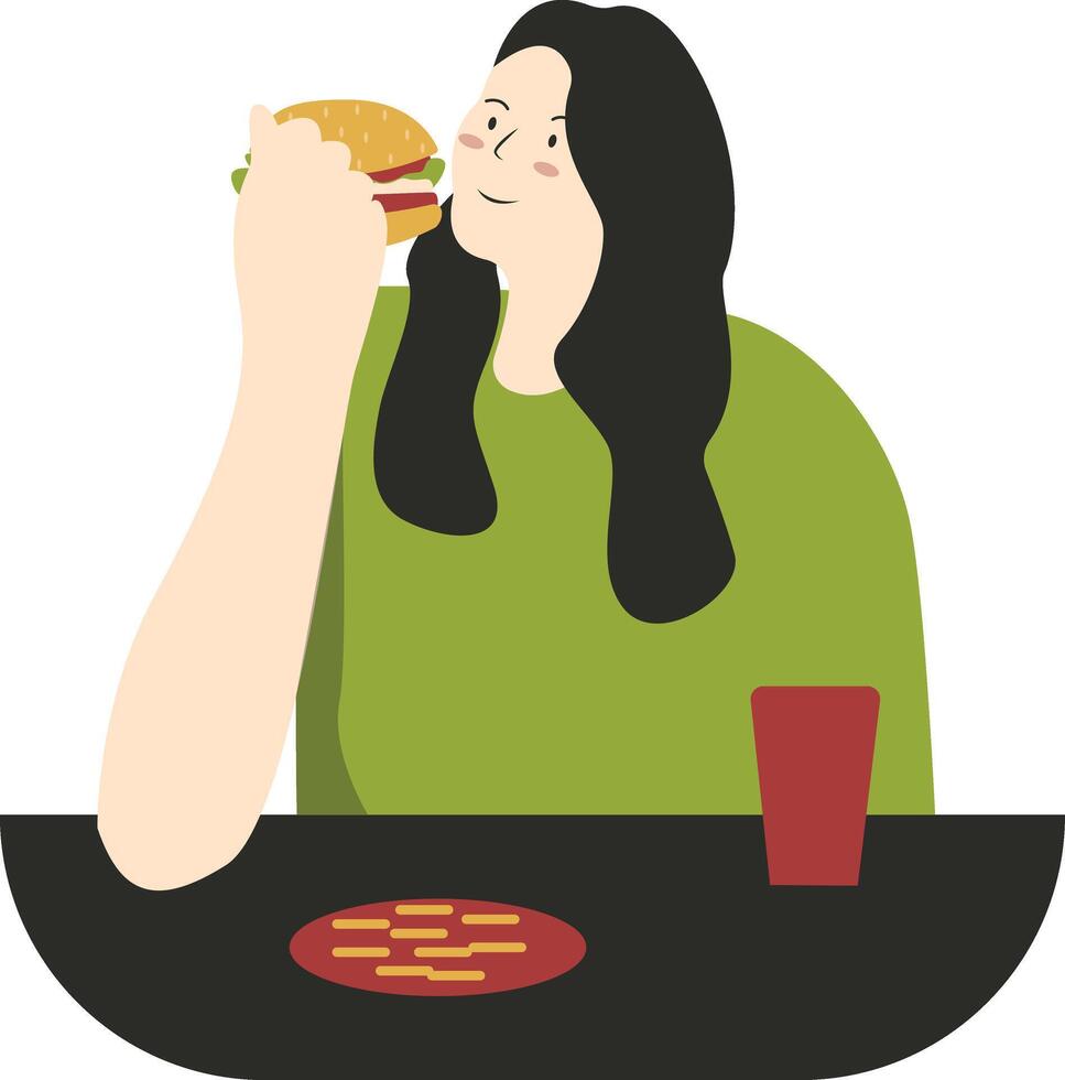Illustration of Woman Eat Hamburger Isolated on White Background. vector