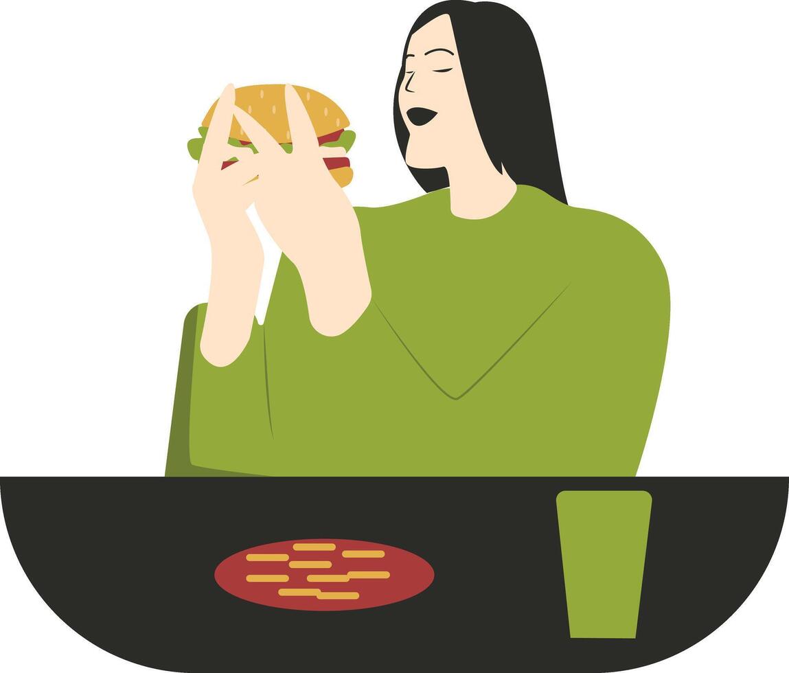 Illustration of Woman Eat Hamburger on White Background. vector