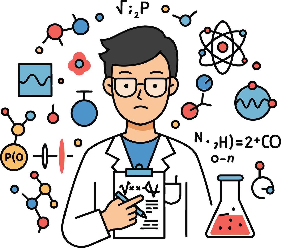 A man in a lab coat is holding a clipboard with a bunch of science symbols vector