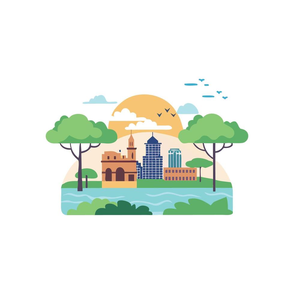 an illustration of a city with trees and buildings vector