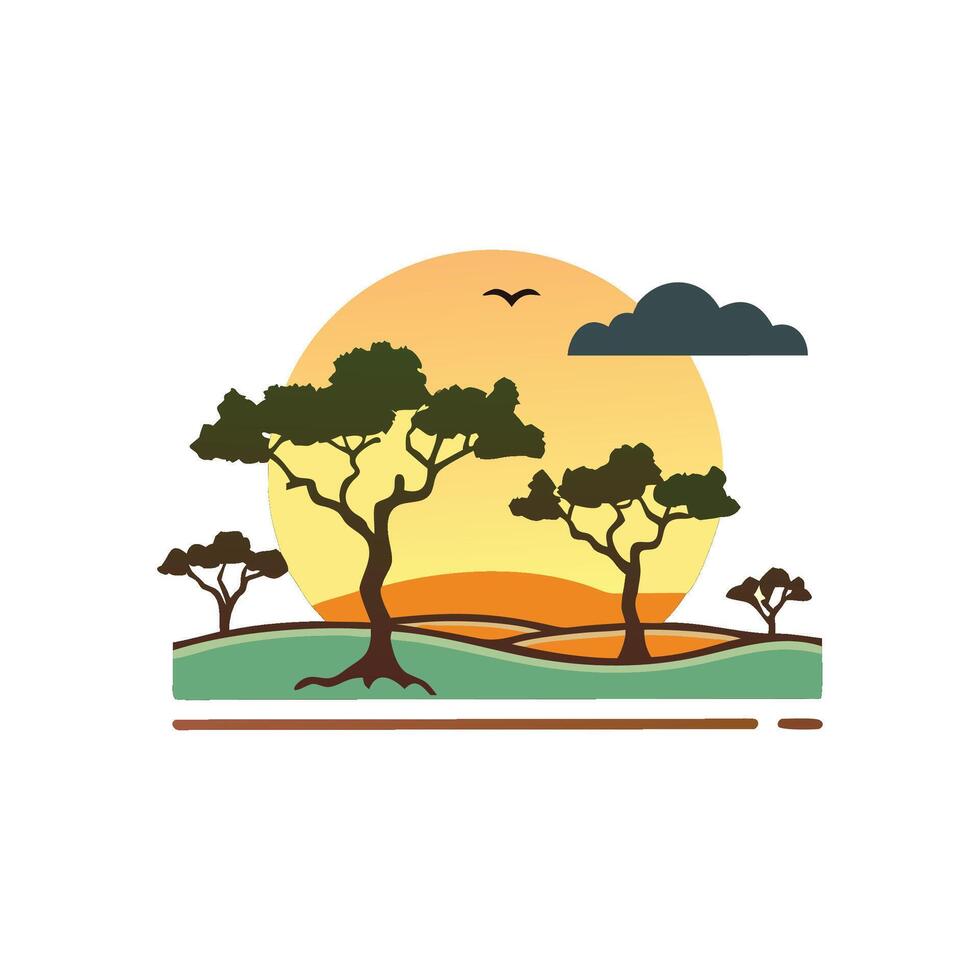 african landscape with trees and birds at sunset vector