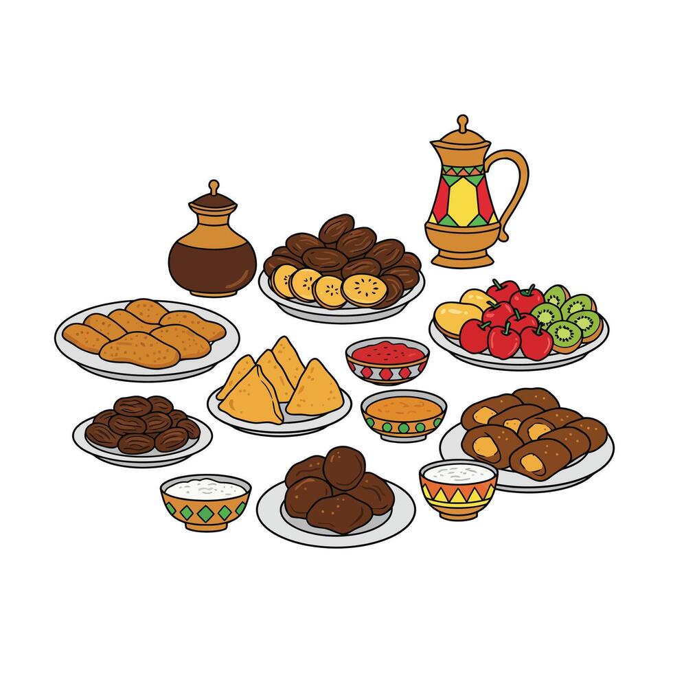 A variety of food is shown on plates and cups vector