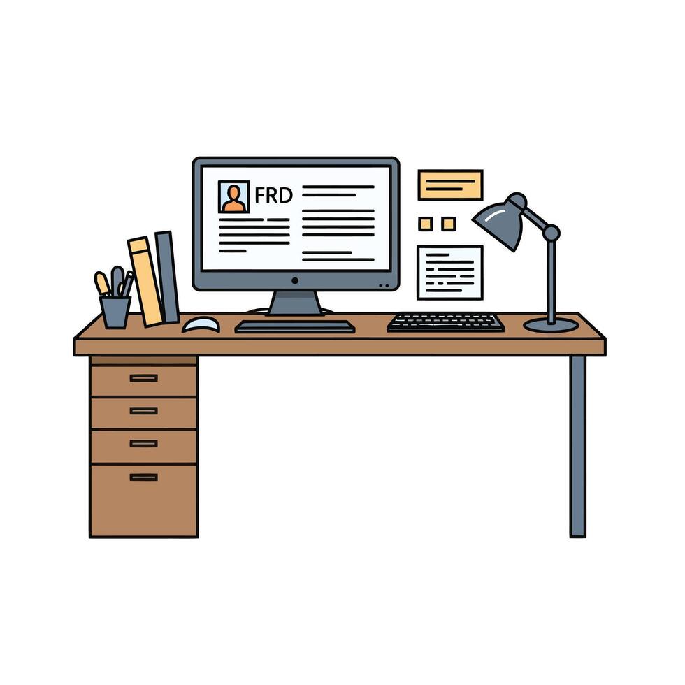 A computer desk with a computer and a file vector