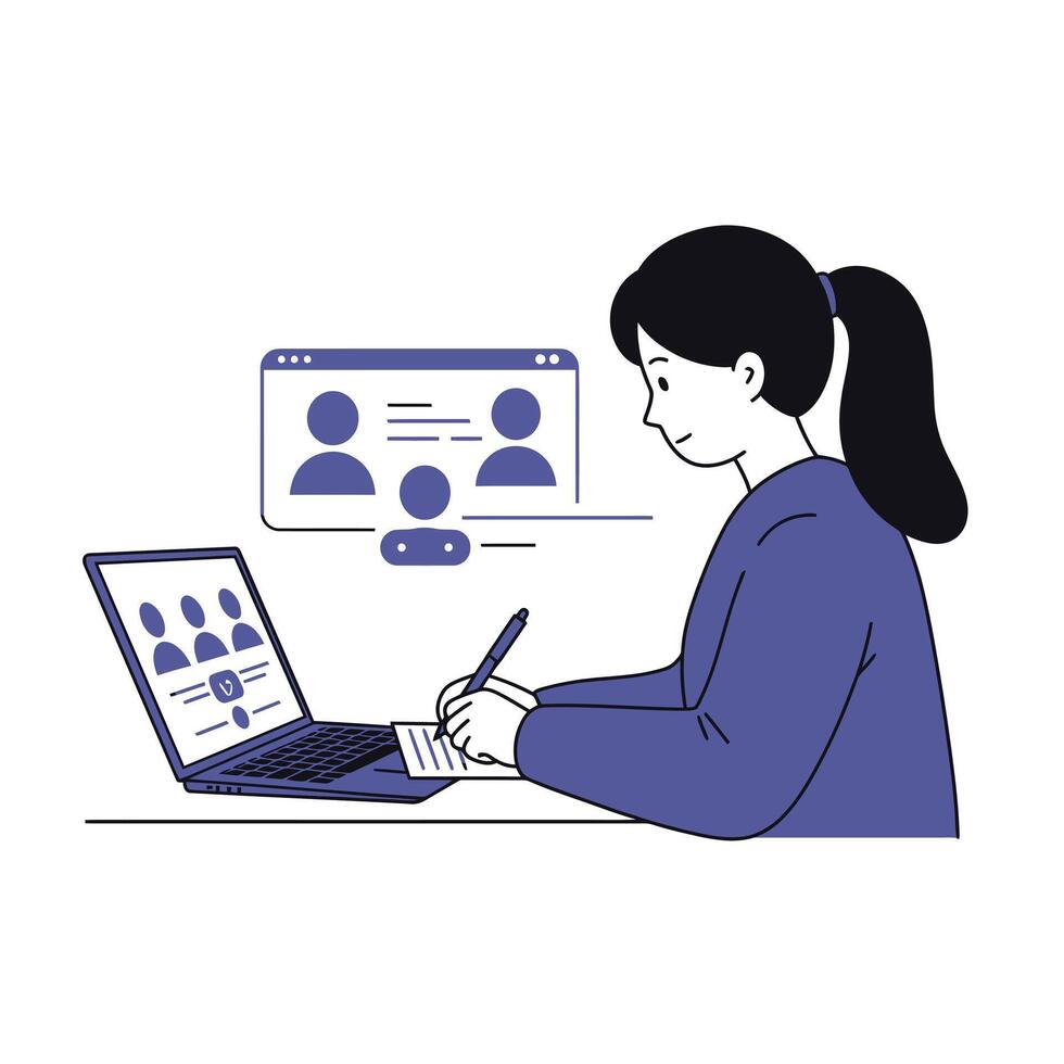 A woman is working on a laptop with a group of people on the screen vector