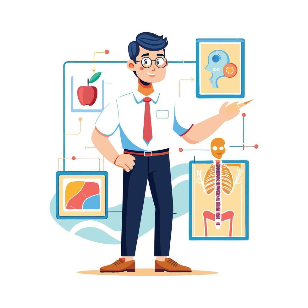 Teacher Holding Biology Diagram While Explaining vector