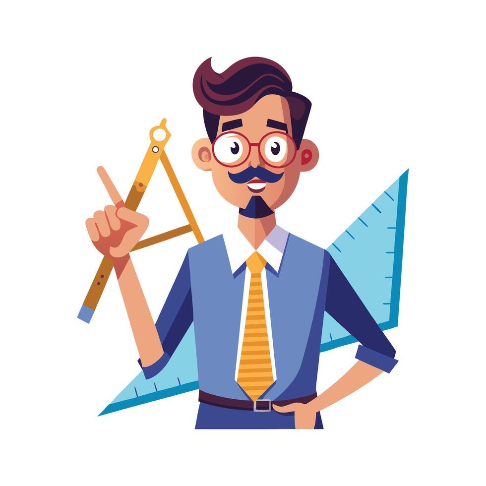 Male Teacher Demonstrating with Compass and Ruler vector
