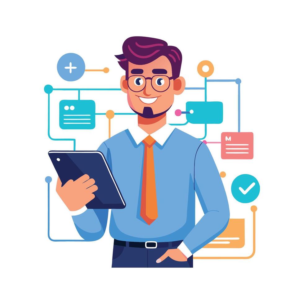 Male Teacher Teaching with Digital Tablet. vector