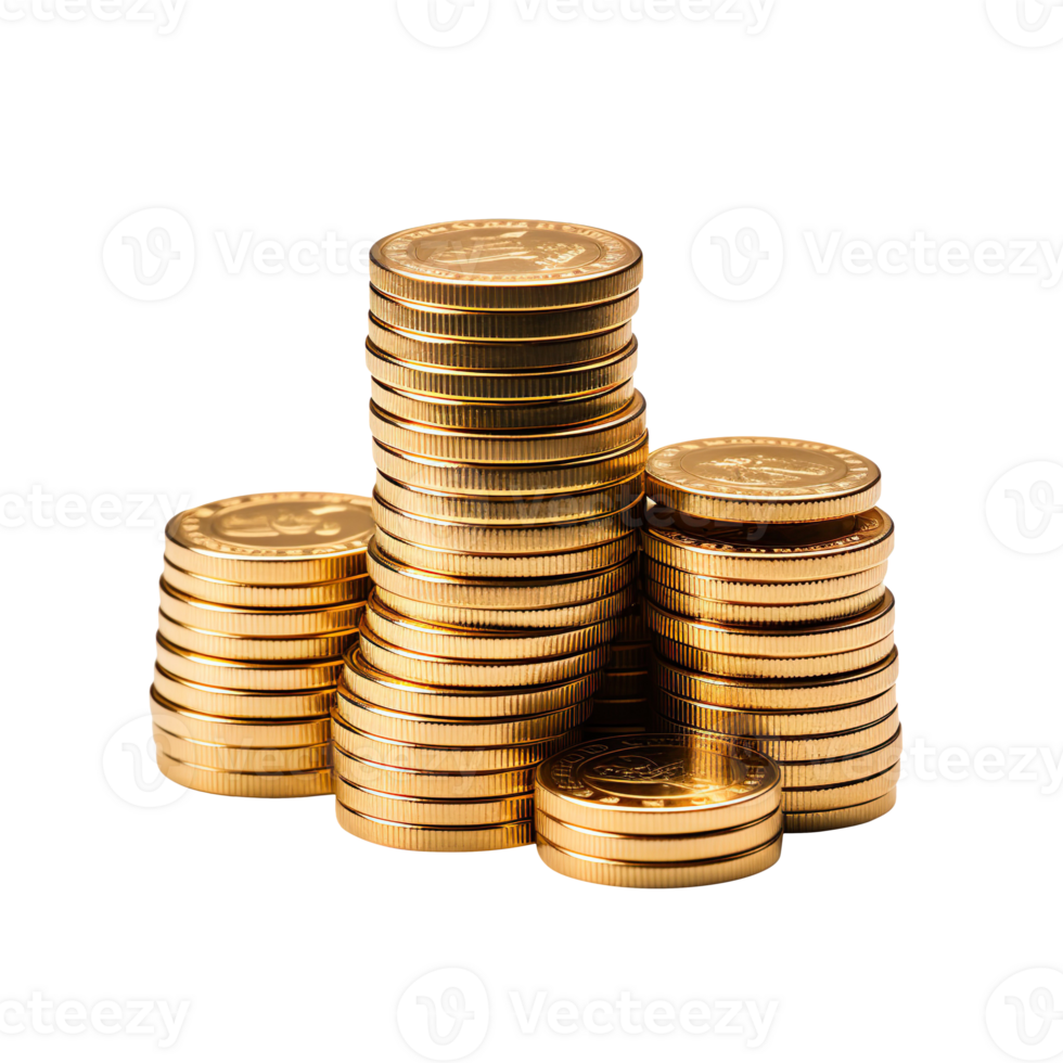A lot of stacking gold coins isolated on transparent background png