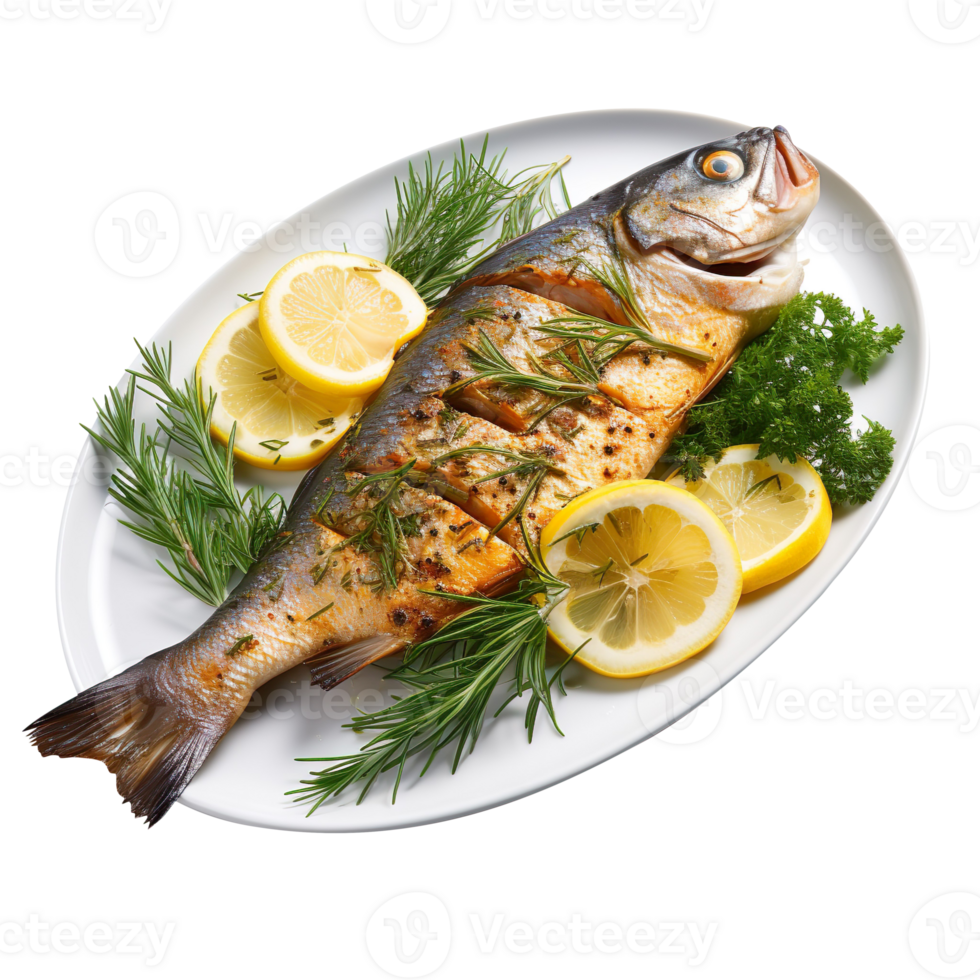 A fried trout with lemon and dill isolated on transparent background png