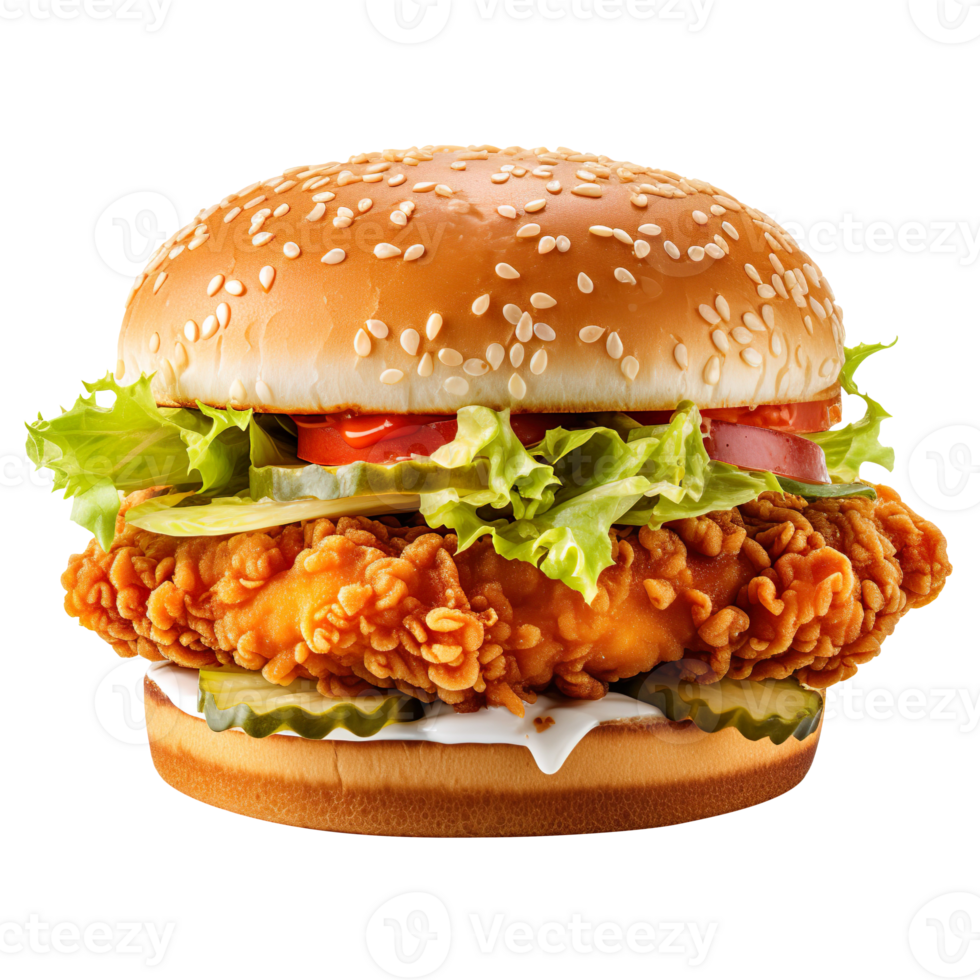 A delicious double chicken burger isolated on transparent background png