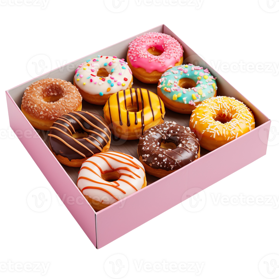 A box filled with lots of colorful donuts isolated on transparent background png