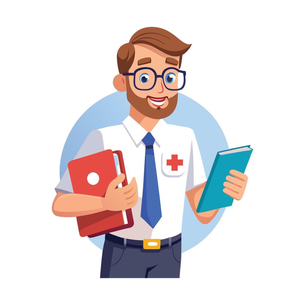 Educator Presenting First Aid Manual for Safety vector