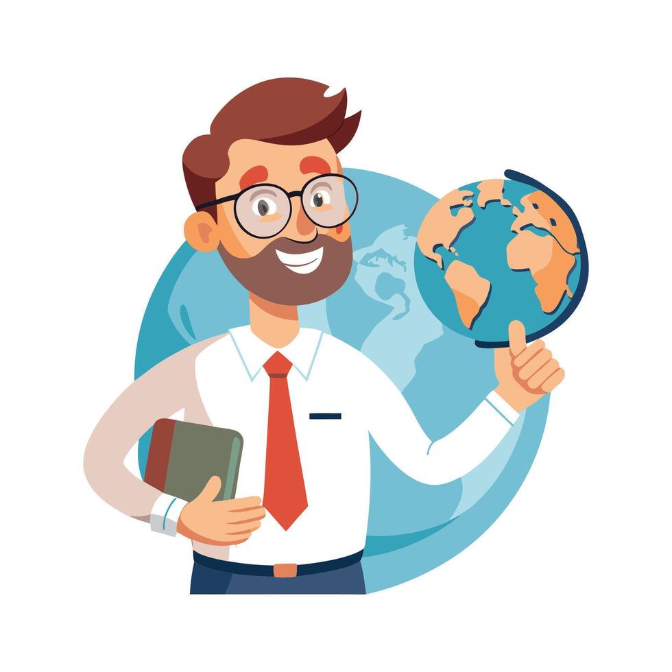 Dynamic Educator Presenting Geography Globe for Learning vector