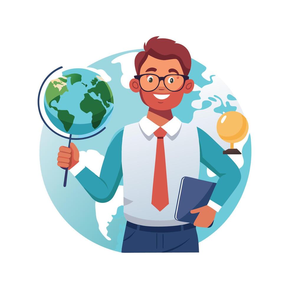 Teacher Presenting Handheld Globe for Geography Lessons vector