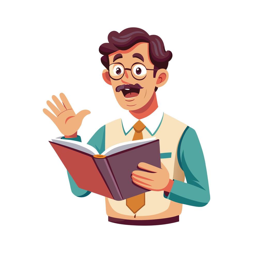 Inspiring Teacher Presenting History Book for Learning vector