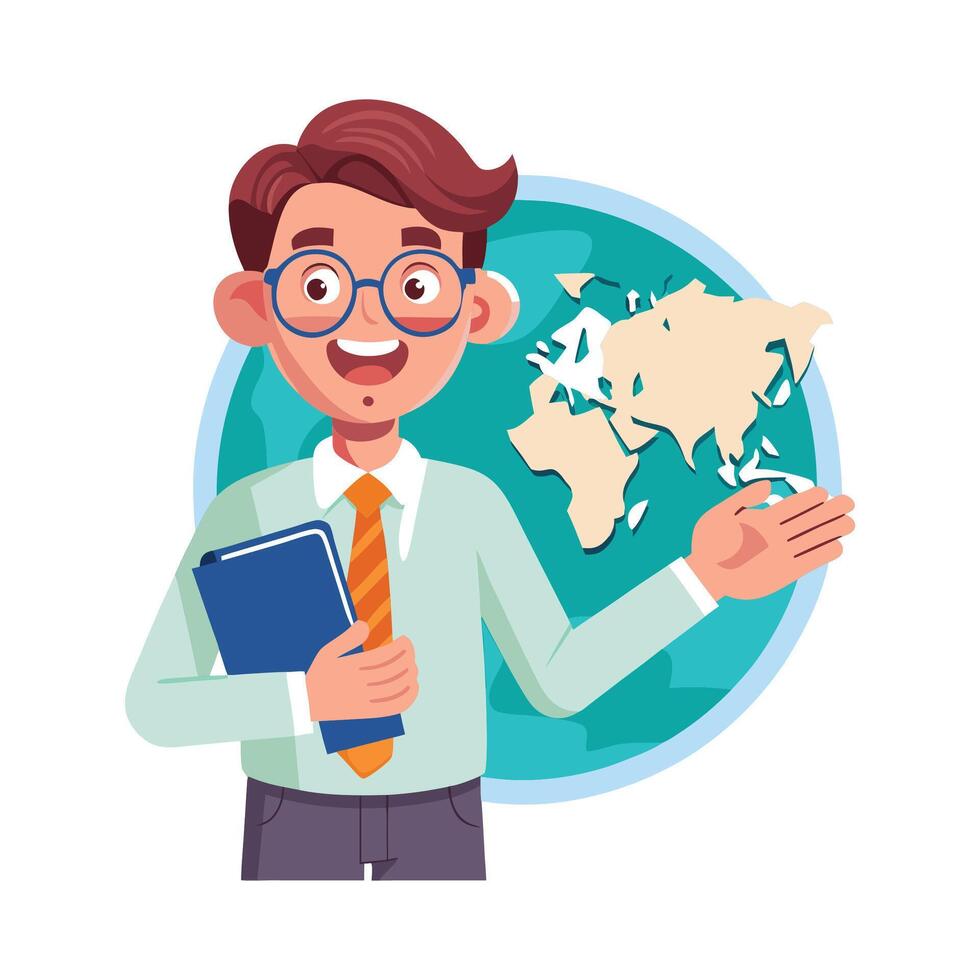 Teacher Presenting World Map for Geography Lessons vector