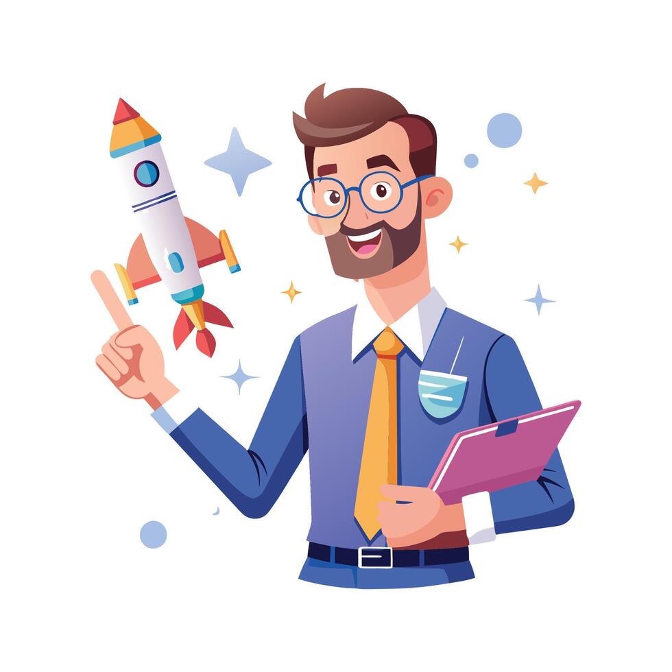 Inspiring Teacher Presenting Model Rocket for Learning vector