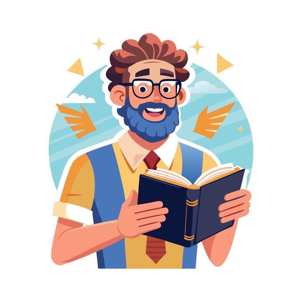 Dynamic Educator Using Mythology Book for Class Discussion vector