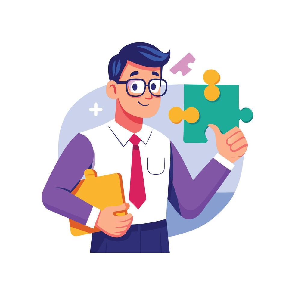 Inspiring Teacher Presenting Puzzle Piece for Learning vector