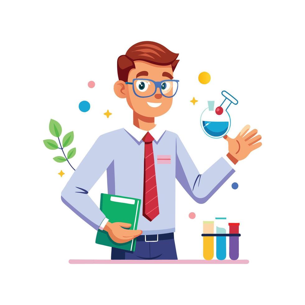 Teacher Demonstrating Science Experiment Kit for Lessons vector