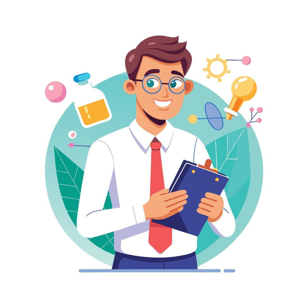 Teacher Using Science Lab Notebook for Detailed Teaching vector