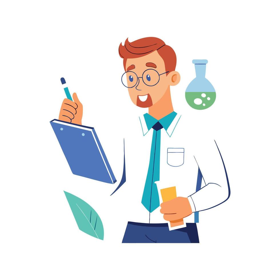 Inspiring Teacher Showcasing Science Lab Notebook for Learning vector