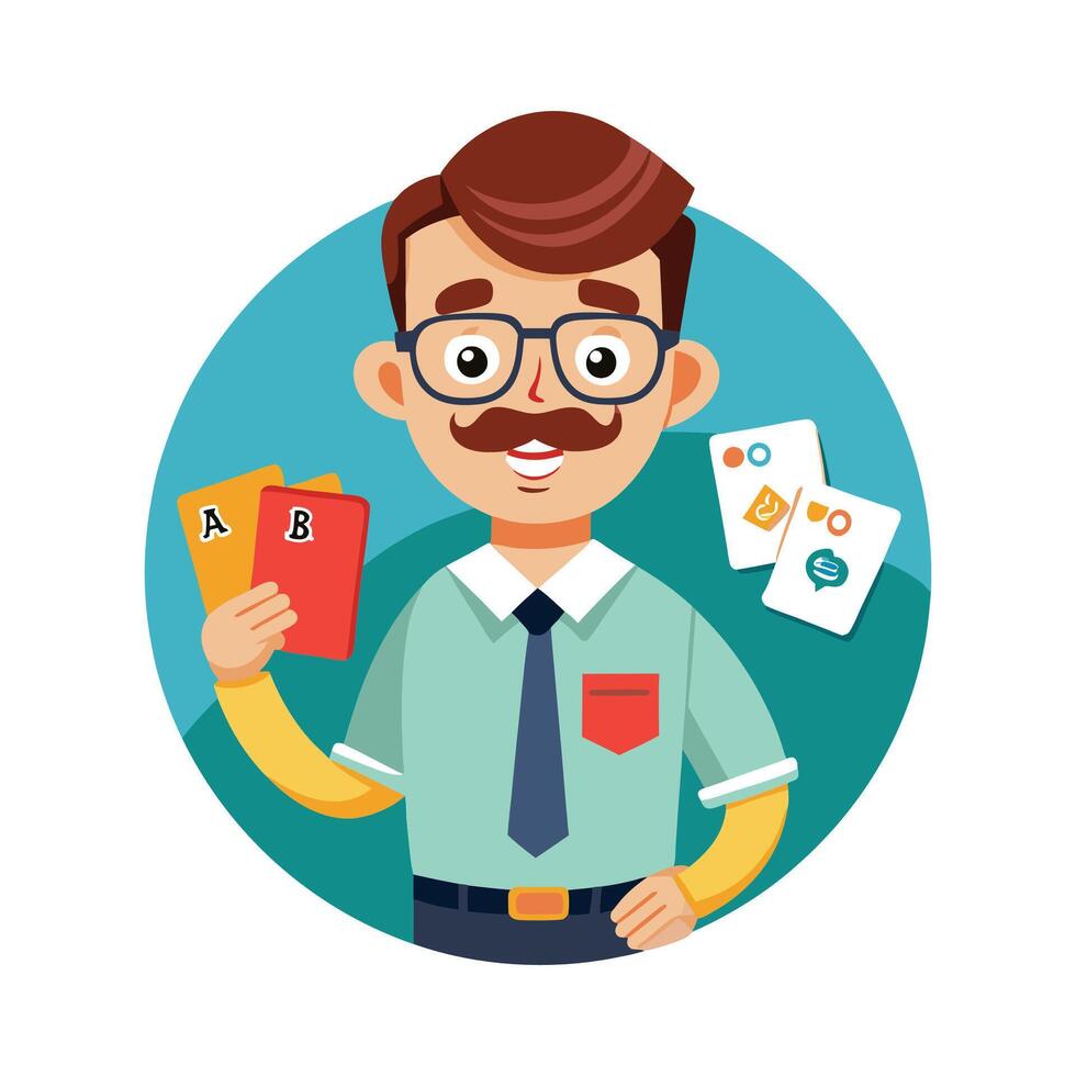 Inspiring Teacher Showcasing Flashcards for Learning vector