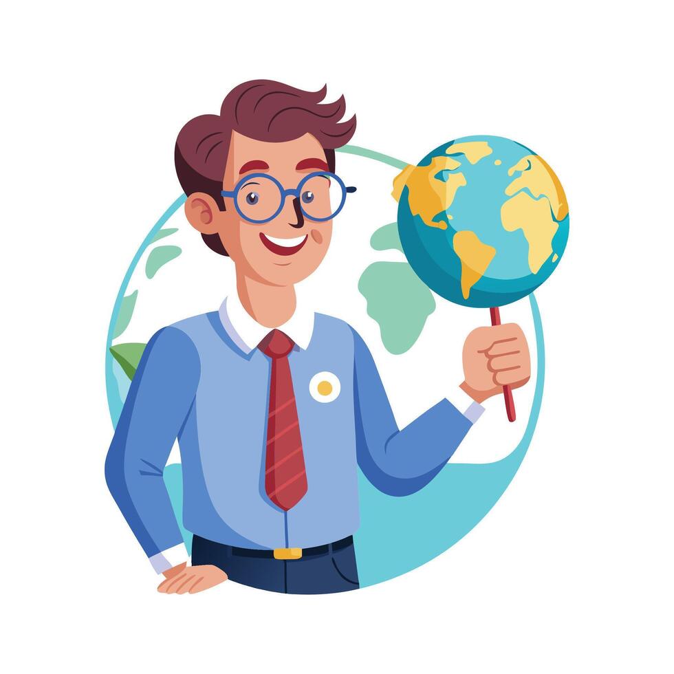 Inspiring Teacher Presenting Small Globe for Geography vector